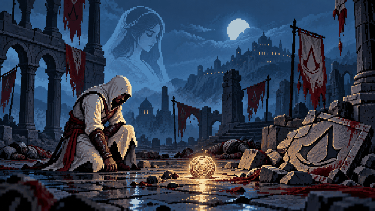 Altaïr cercado pelas ruínas de sua Ordem e pela Maçã do Éden
