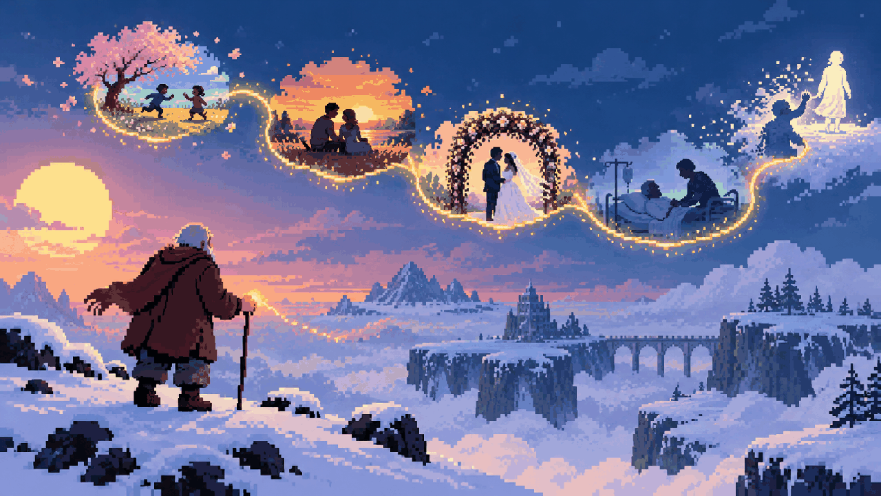 Homem idoso em paisagem nevada seguindo memórias luminosas em pixel art