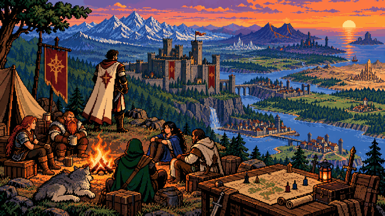 Inquisidor e companheiros diante de Skyhold em pixel art