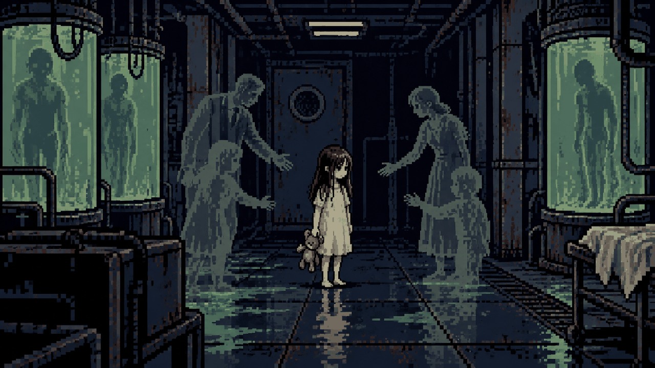 Eveline em um navio abandonado cercada por pesquisa biológica em pixel art
