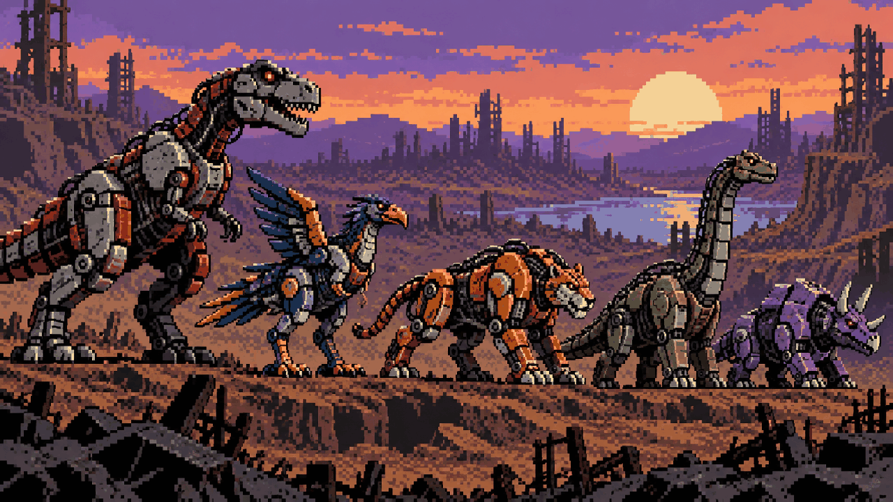 Máquinas híbridas inspiradas em dinossauros, aves, mamíferos e répteis em pixel art