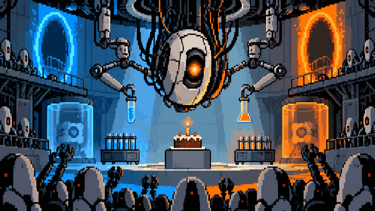 GLaDOS em um laboratório automatizado com um bolo sobre o palanque