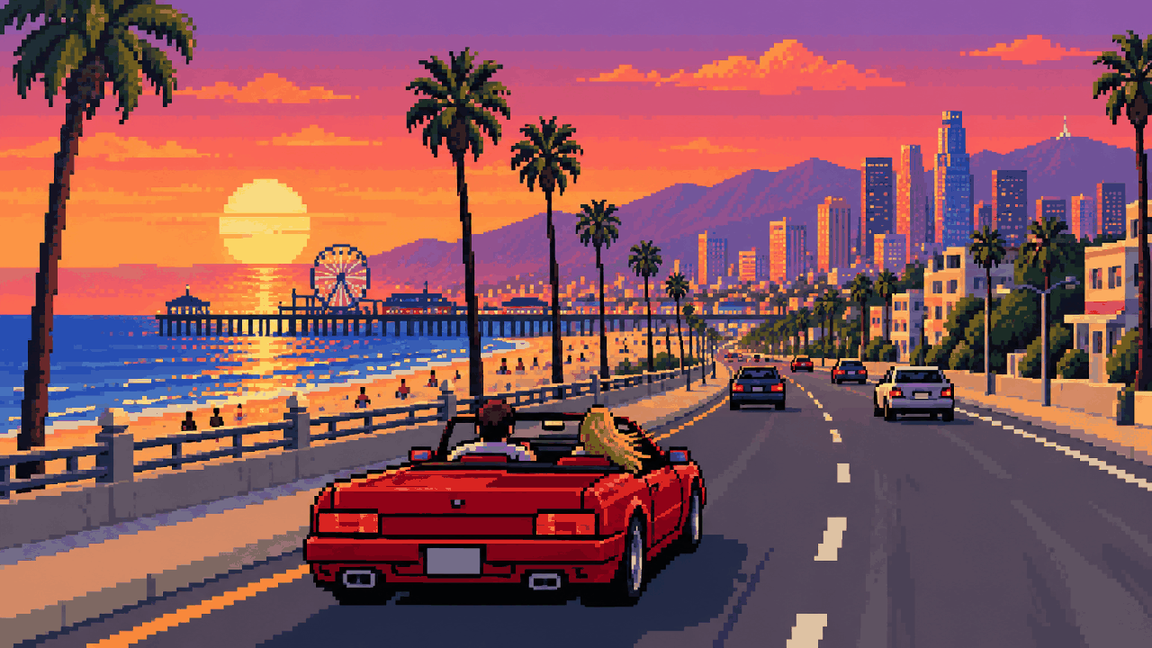 Carro conversível em avenida costeira inspirado em GTA V em pixel art