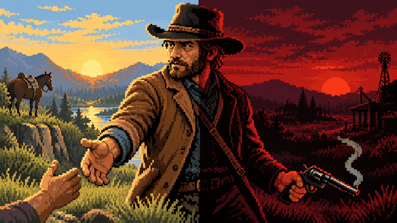 Arthur dividido entre luz e sombra em uma paisagem de faroeste em pixel art