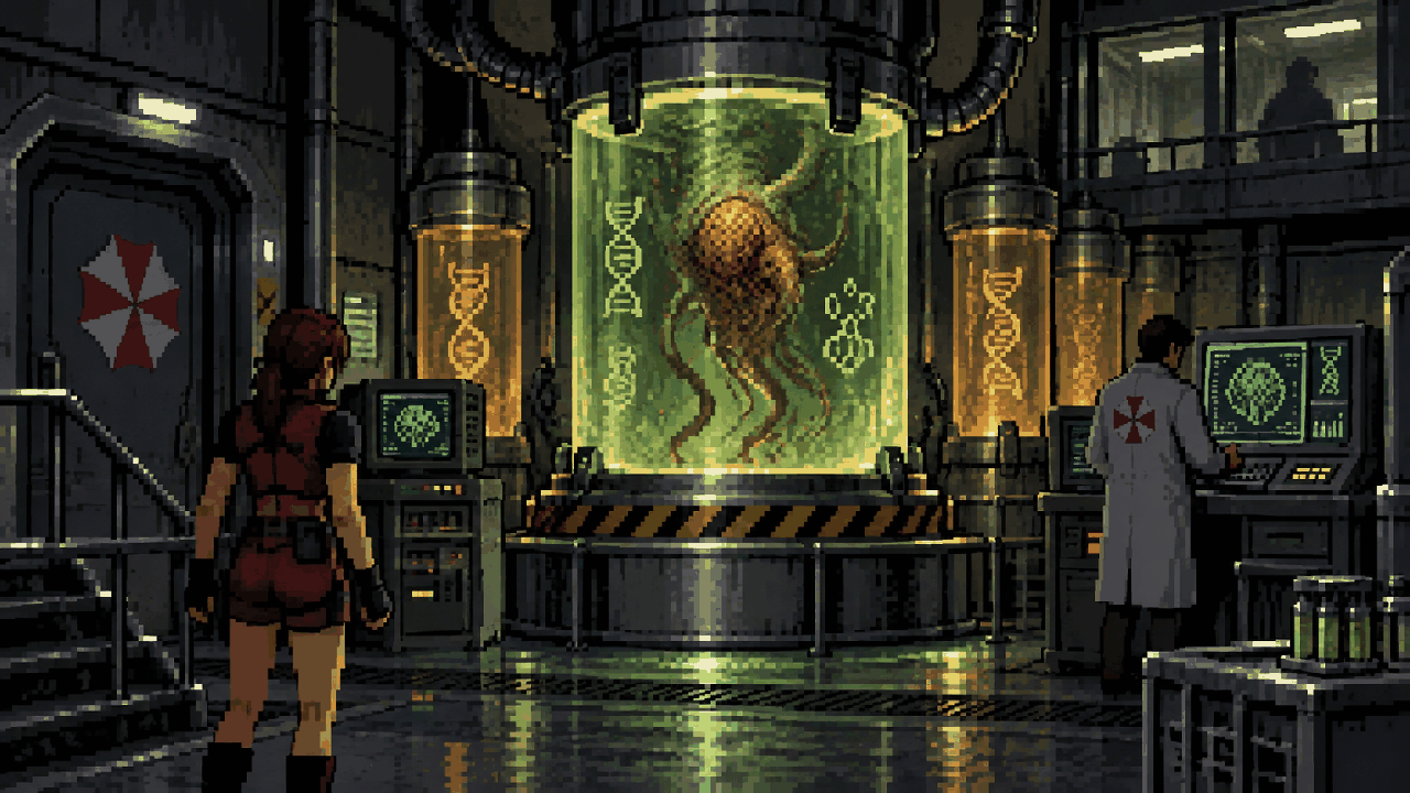 Amostra do G-Virus em uma câmara de laboratório da Umbrella em pixel art