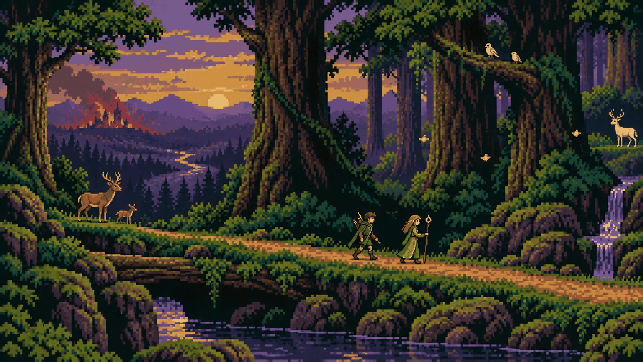 Caminho lento em floresta mágica com dois jovens personagens