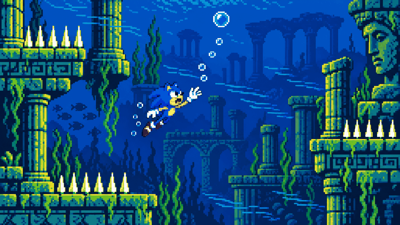 Mascote azul submerso procurando bolhas em ruinas aquatica retro
