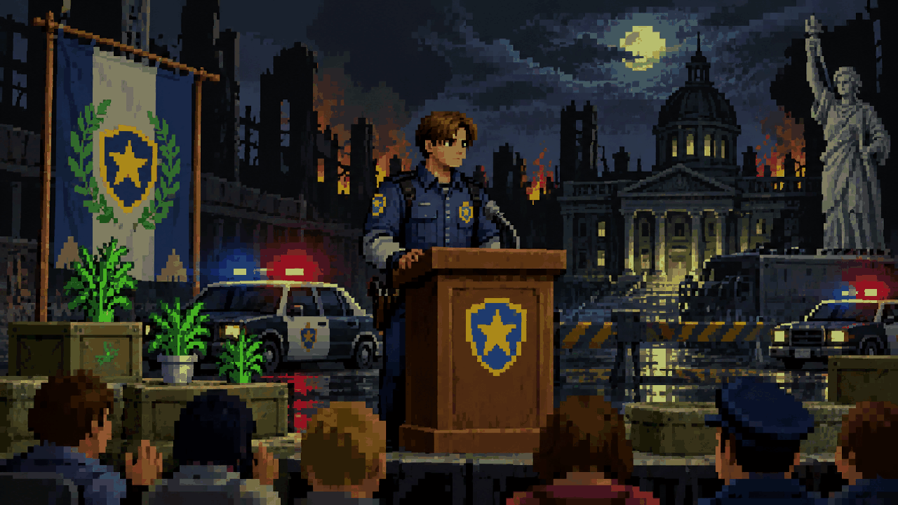 Leon Kennedy em um palanque com ervas, viaturas e uma cidade em crise em pixel art