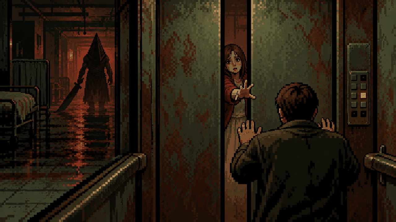 Elevador fechado em hospital sombrio de Silent Hill 2 em pixel art