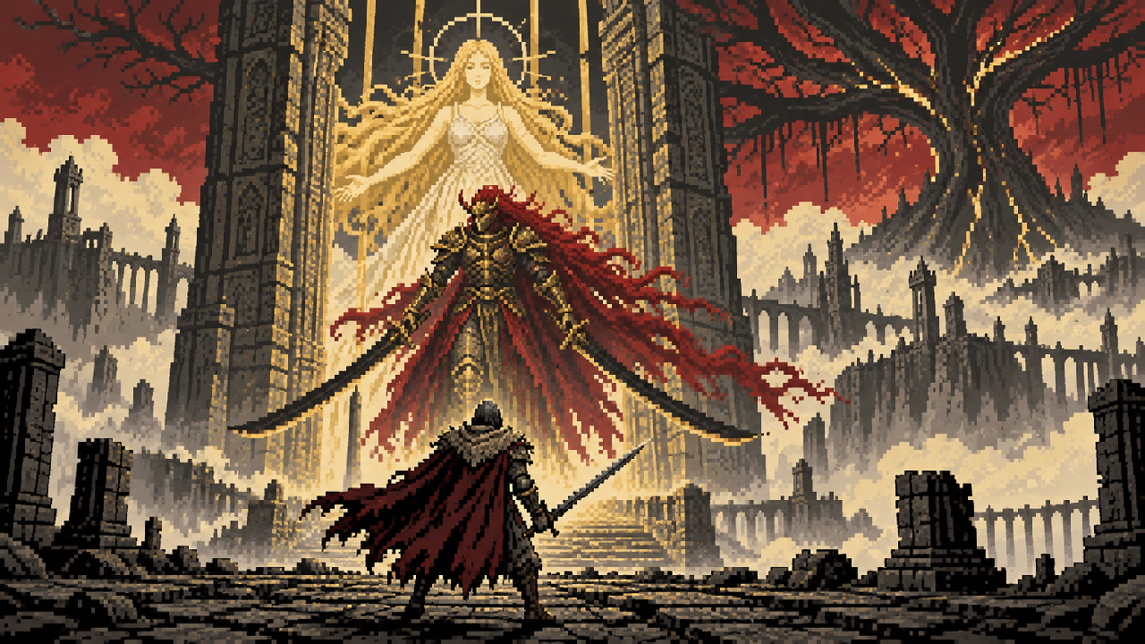 Maculado enfrenta Miquella e Radahn na Porta da Divindade