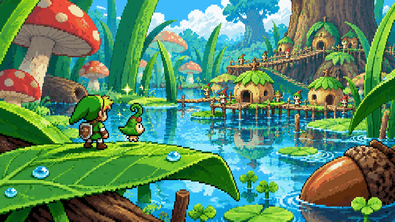 Link minúsculo explora o mundo dos Minish entre folhas e raízes em pixel art
