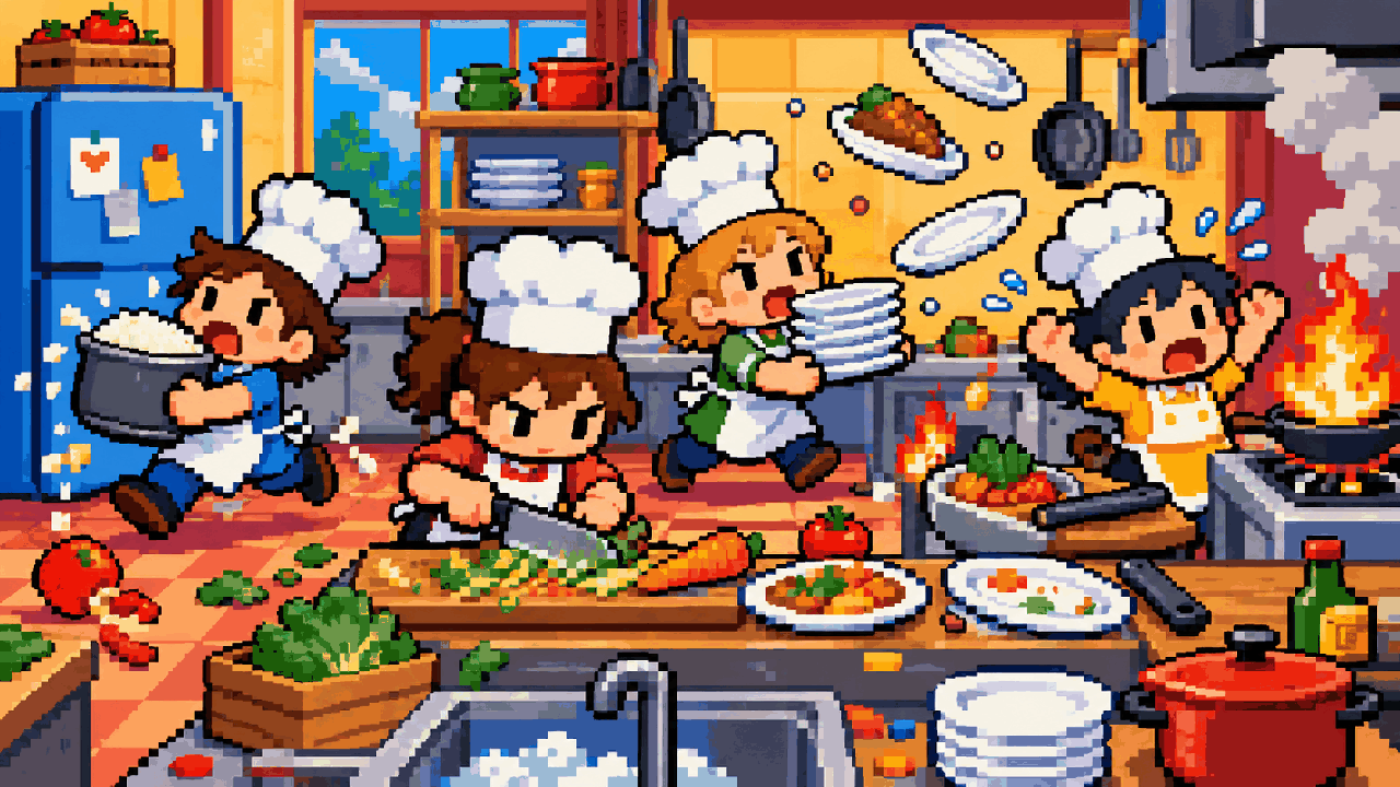 Cozinha caótica de coop local inspirada em Overcooked em pixel art
