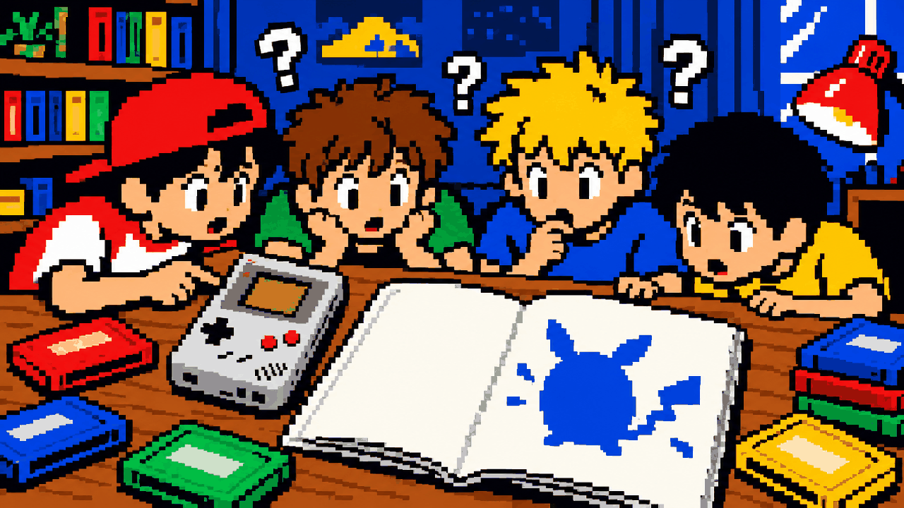 Crianças olhando criatura azul misteriosa em revista antiga em pixel art