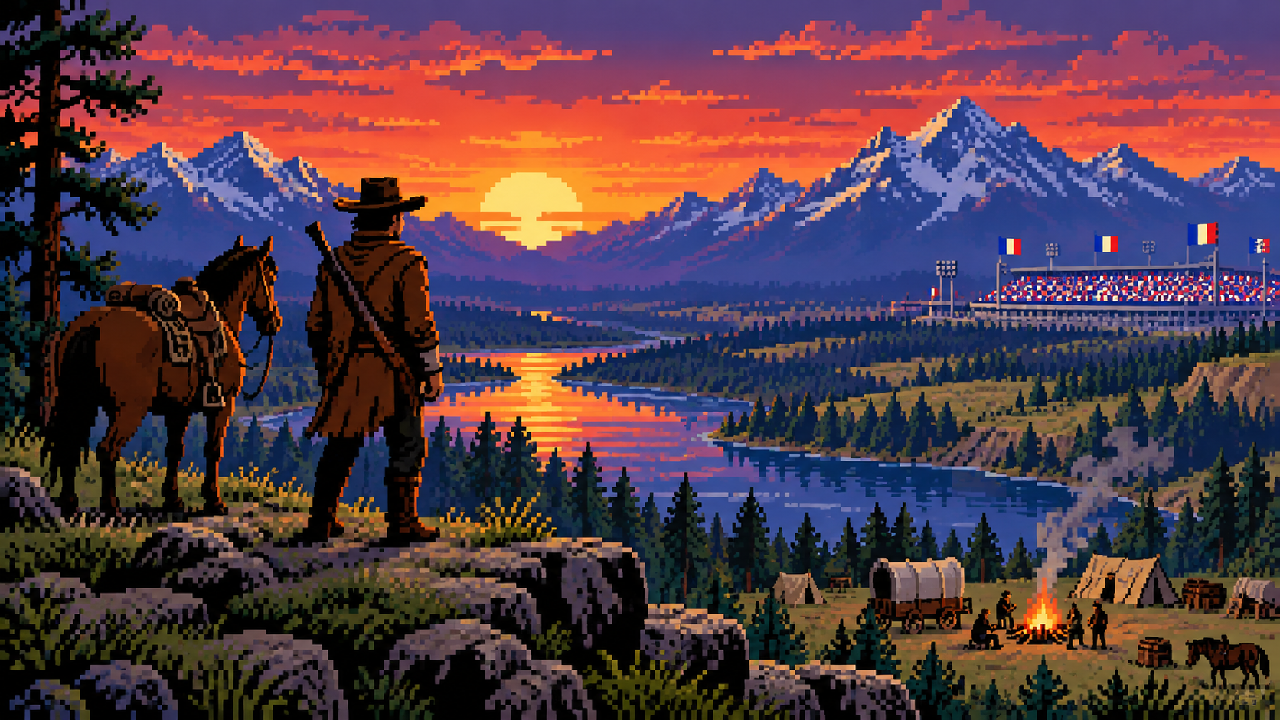 Arthur Morgan e seu cavalo observam um vale ao pôr do sol