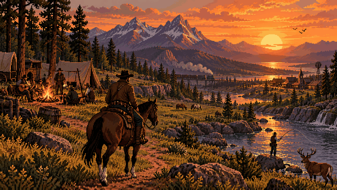 Cavaleiro a cavalo diante de acampamento, rio e montanhas em pixel art