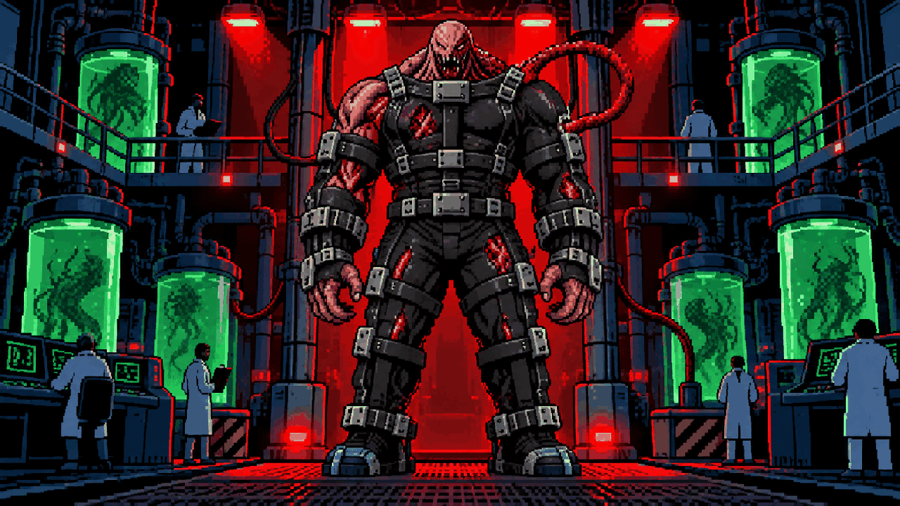 Traje preto de contencao restringindo mutacoes do Nemesis