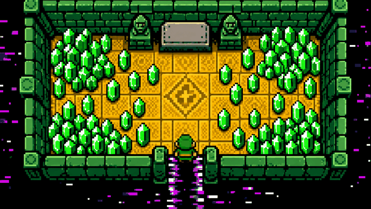 Sala secreta top down cheia de gemas verdes e uma placa vazia em pixel art
