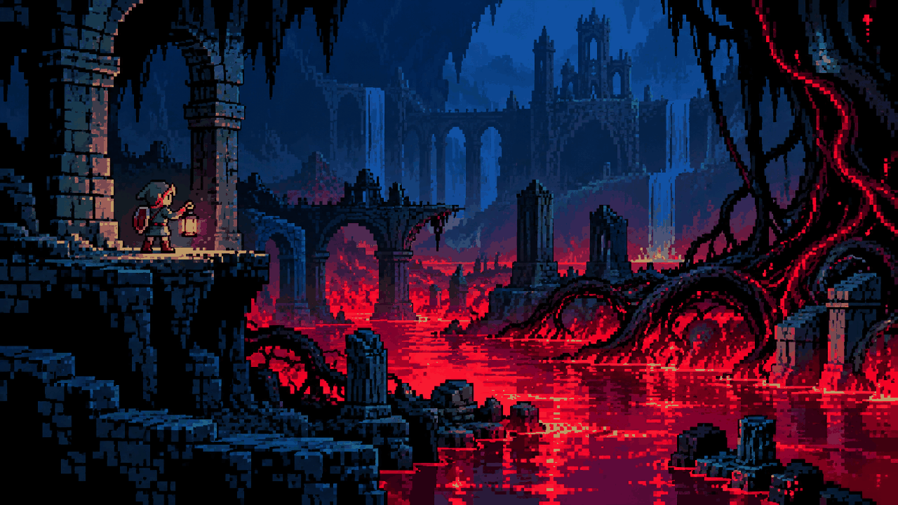Link explora as profundezas sob Hyrule cercado por raízes e uma energia vermelha em pixel art