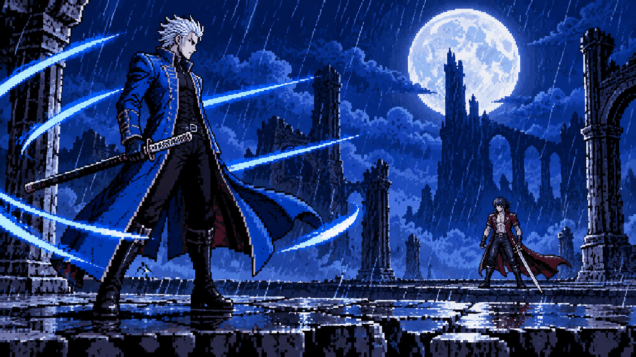 Espadachim de casaco azul enfrentando rival em torre sob a lua em pixel art retrô