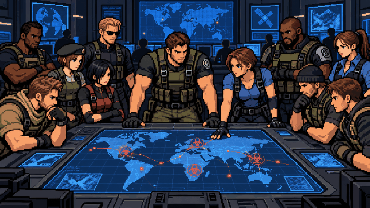 Chris e Jill em uma sala de operações da BSAA