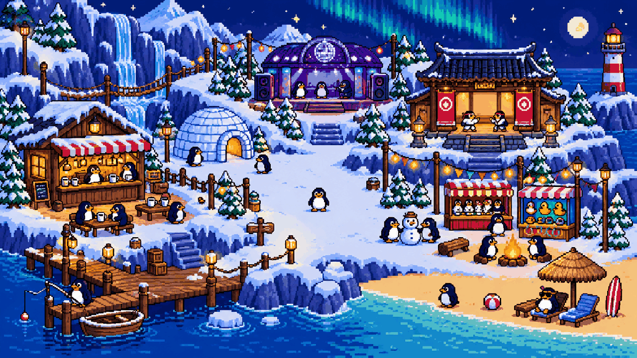 Pinguins em uma ilha nevada cheia de atividades em pixel art