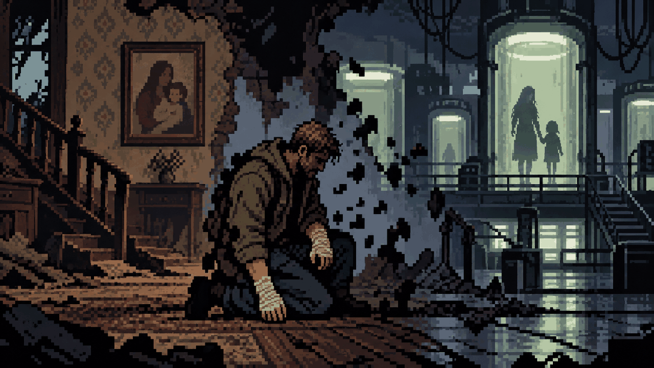 Ethan Winters entre a casa Baker e um laboratório destruído em pixel art