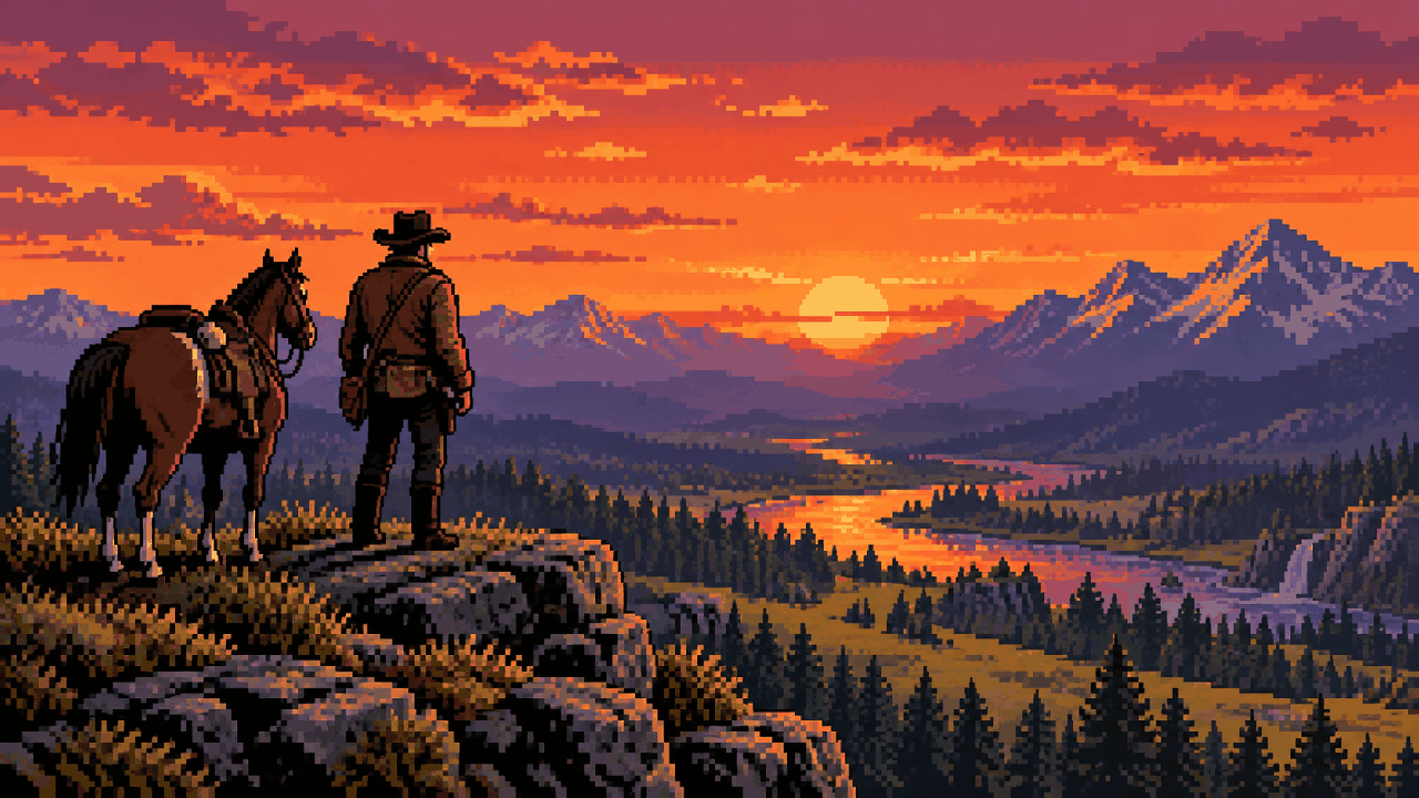 Arthur Morgan e seu cavalo diante de um vale ao amanhecer em pixel art