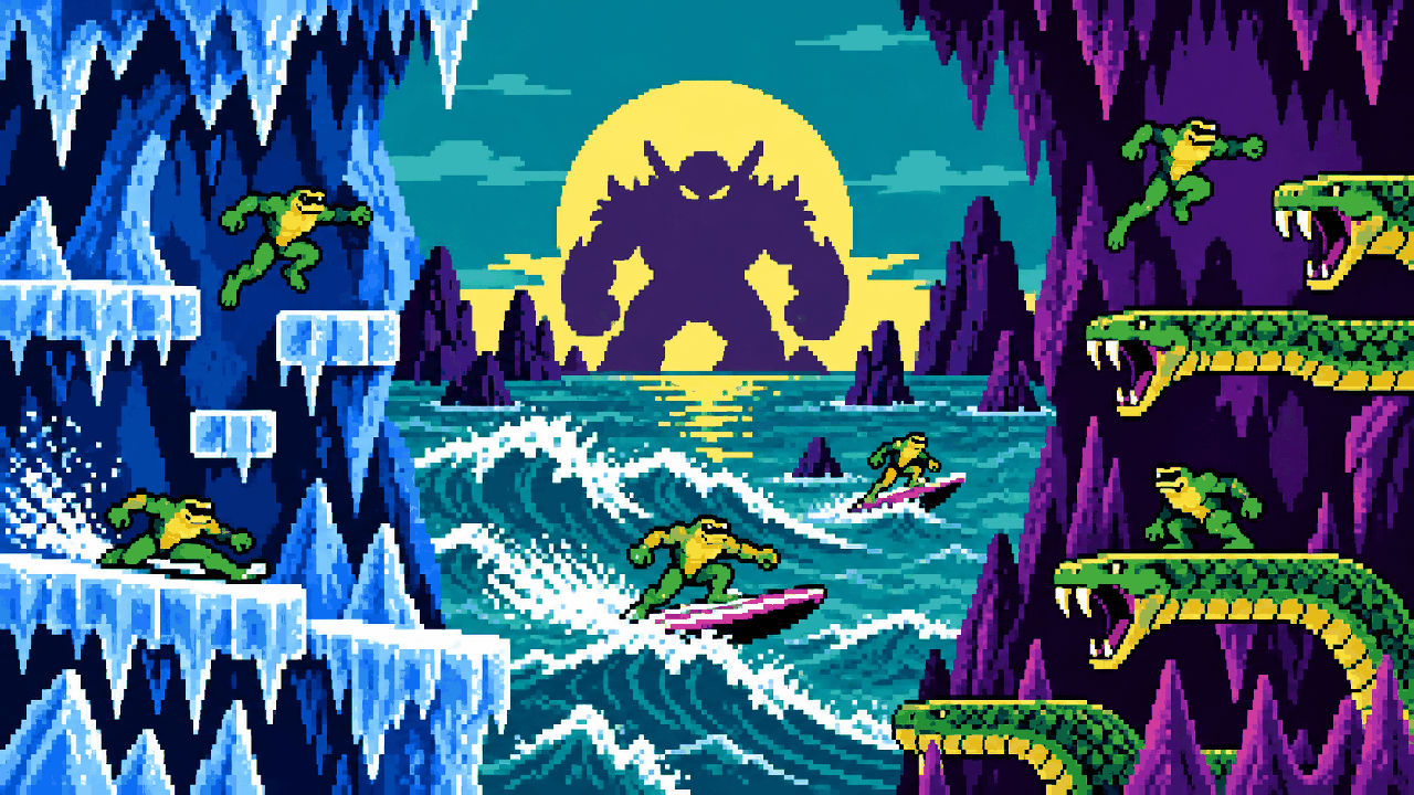 Montagem de Ice Cavern Surf City e Karnath's Lair em Battletoads