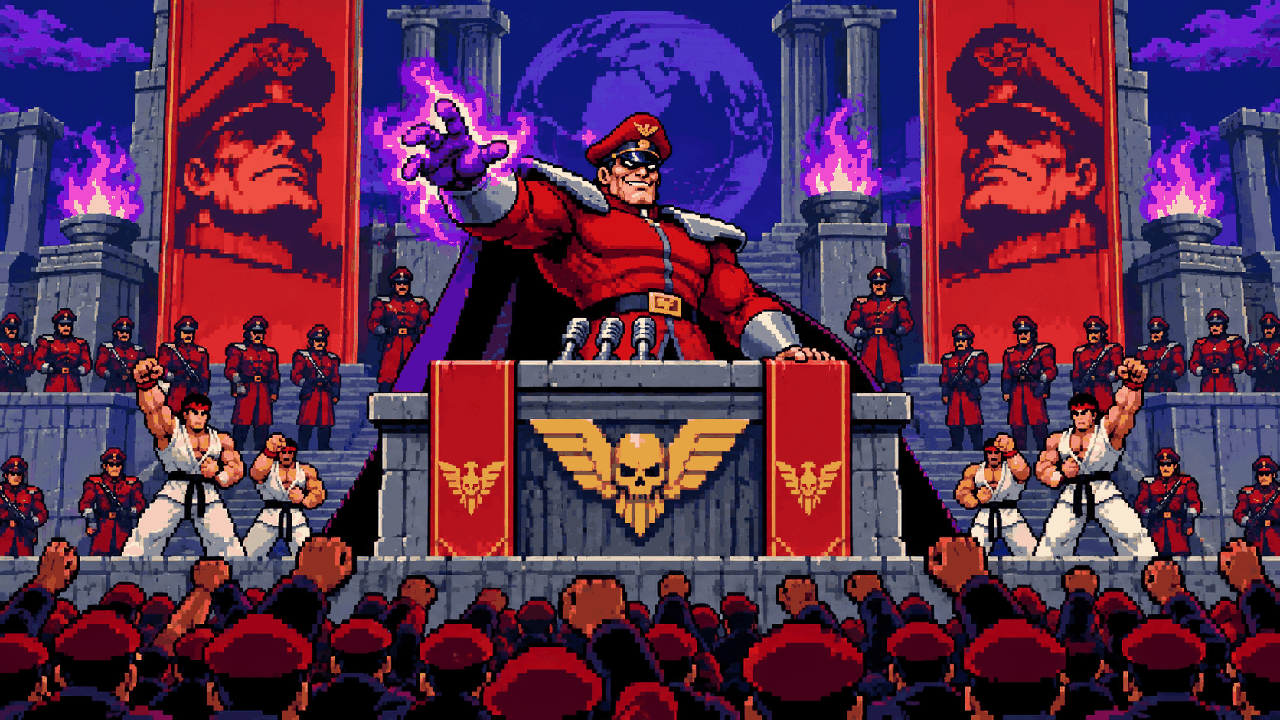 M. Bison em um comício cercado por energia púrpura