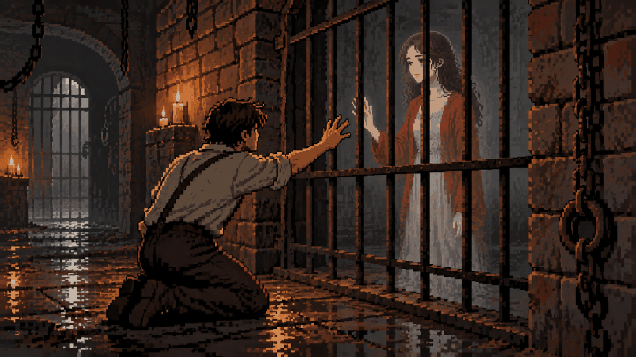 Maria atrás de grades no labirinto de Silent Hill 2 em pixel art