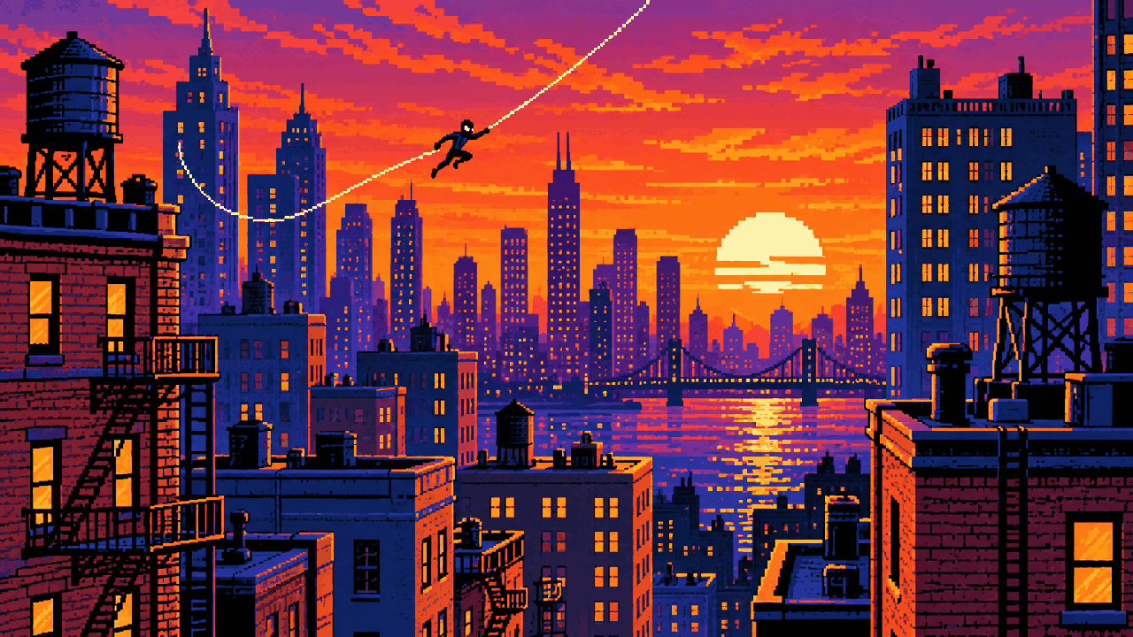 Cena de travessia urbana entre prédios inspirada em Marvel's Spider-Man em pixel art