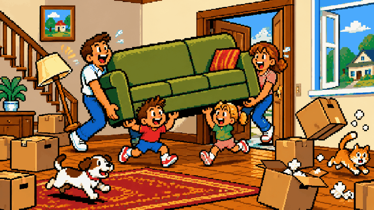Família carregando sofá em cena inspirada em Moving Out em pixel art