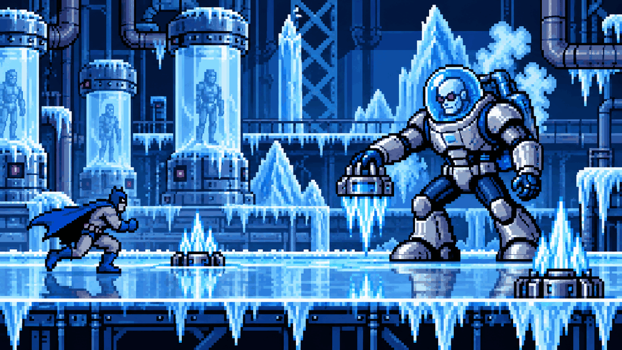 Vilão de armadura criogênica em laboratório congelado com um herói ao fundo em pixel art