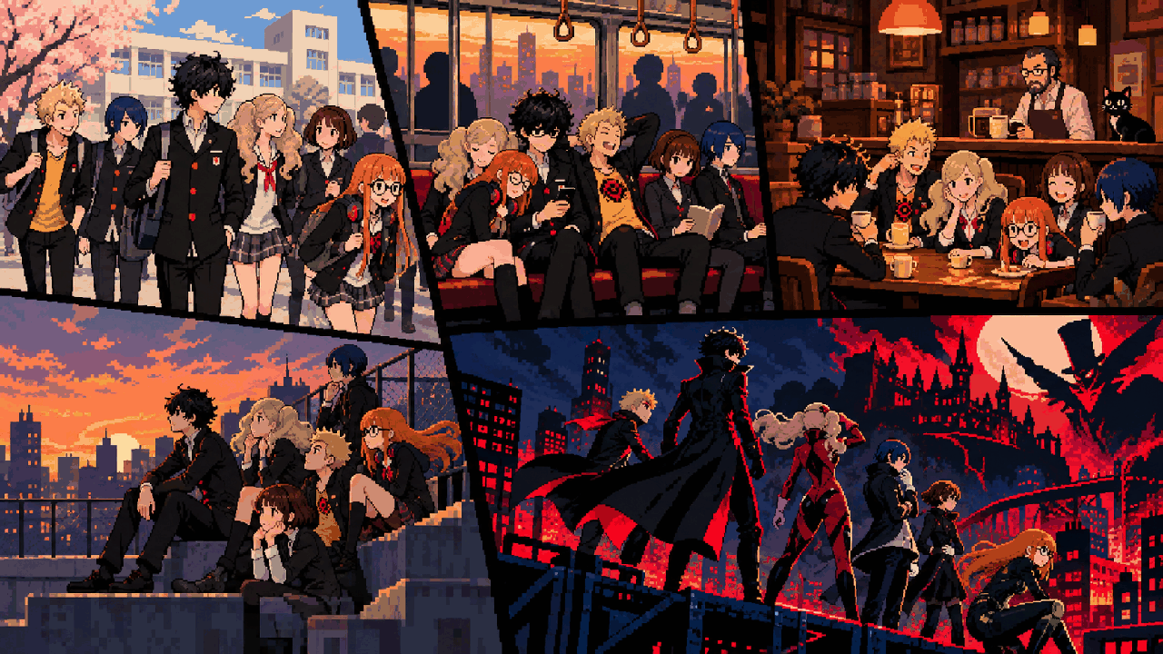 Estudante atravessando uma cidade noturna com amigos e um café em pixel art