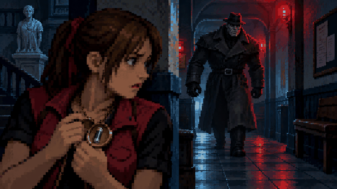 Sherry segura um pingente com uma amostra escondida do G-Virus em pixel art