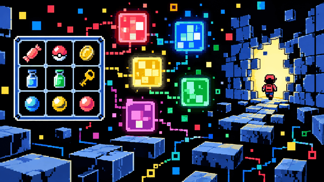 Inventario de RPG portatil virando blocos de memoria e abrindo parede em pixel art