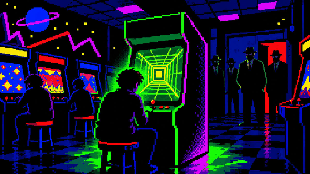 Arcade misterioso com homens de preto em pixel art