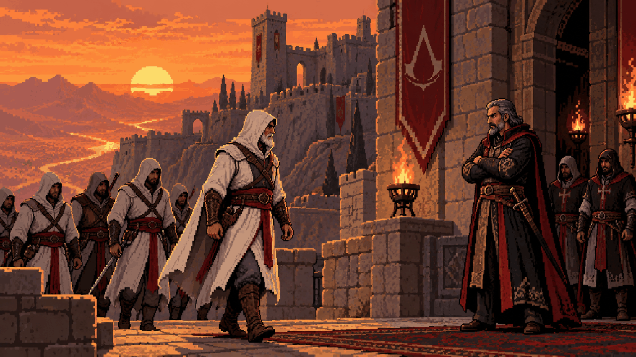 Altaïr idoso retornando a Masyaf para enfrentar Abbas