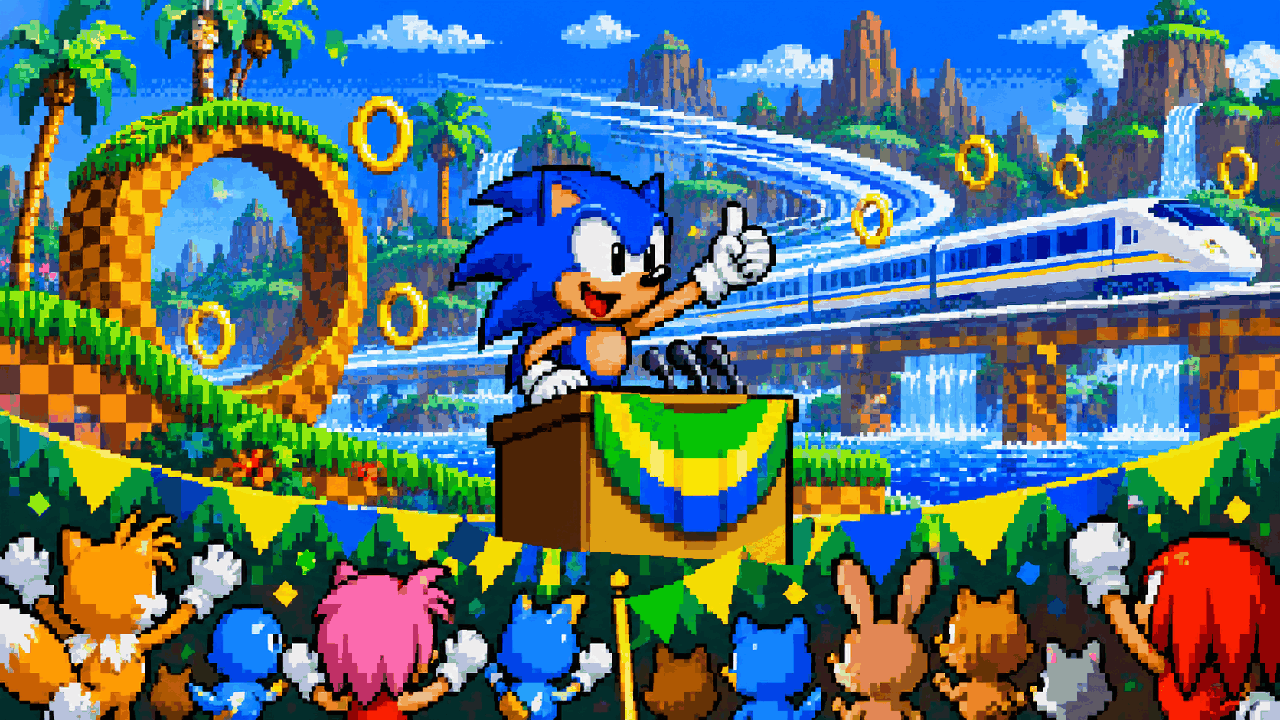 Sonic diante de um palanque com anéis, trem veloz e trilhas de velocidade em pixel art