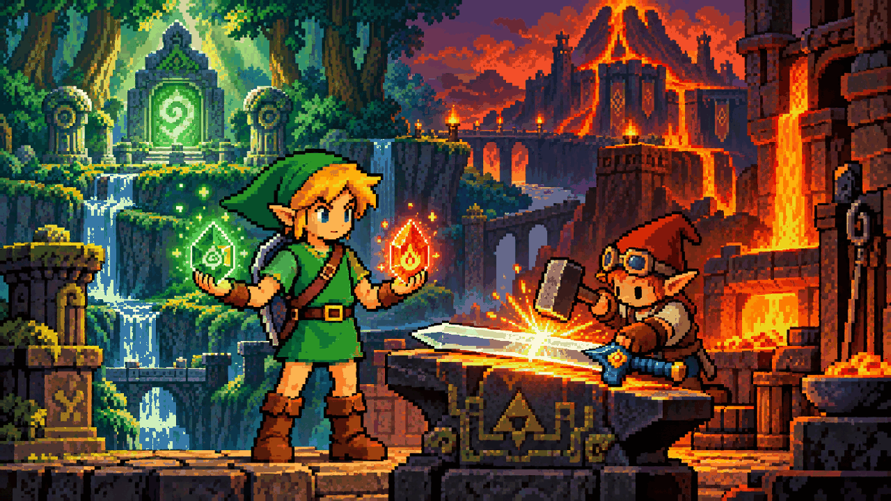 Link trabalha com Melari em uma forja de montanha cercada por lava em pixel art