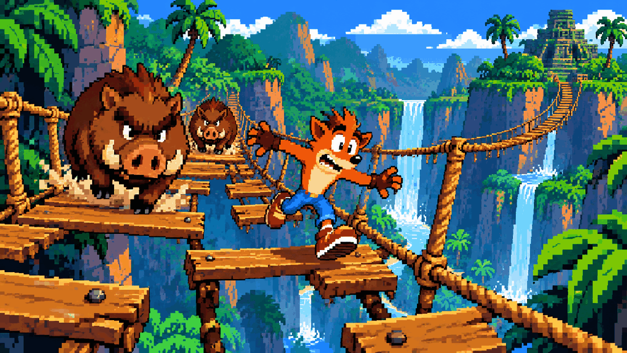Personagem atravessando ponte quebrada com javalis em floresta tropical