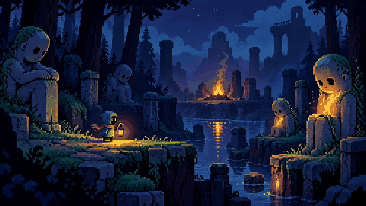 Pequeno viajante com lanterna entre figuras de pedra e fogueira distante em pixel art
