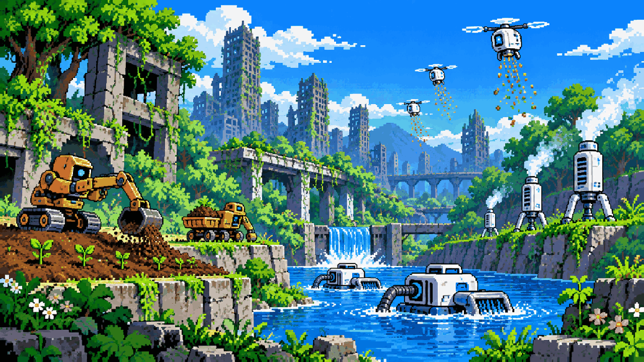 Tallneck, Snapmaw, Shell-Walker e Watchers exercendo funções no mundo de Horizon em pixel art