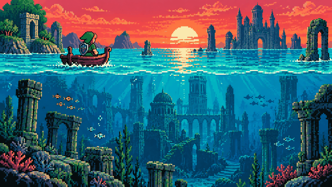 Link navega sobre um reino submerso com torres antigas sob o oceano em pixel art