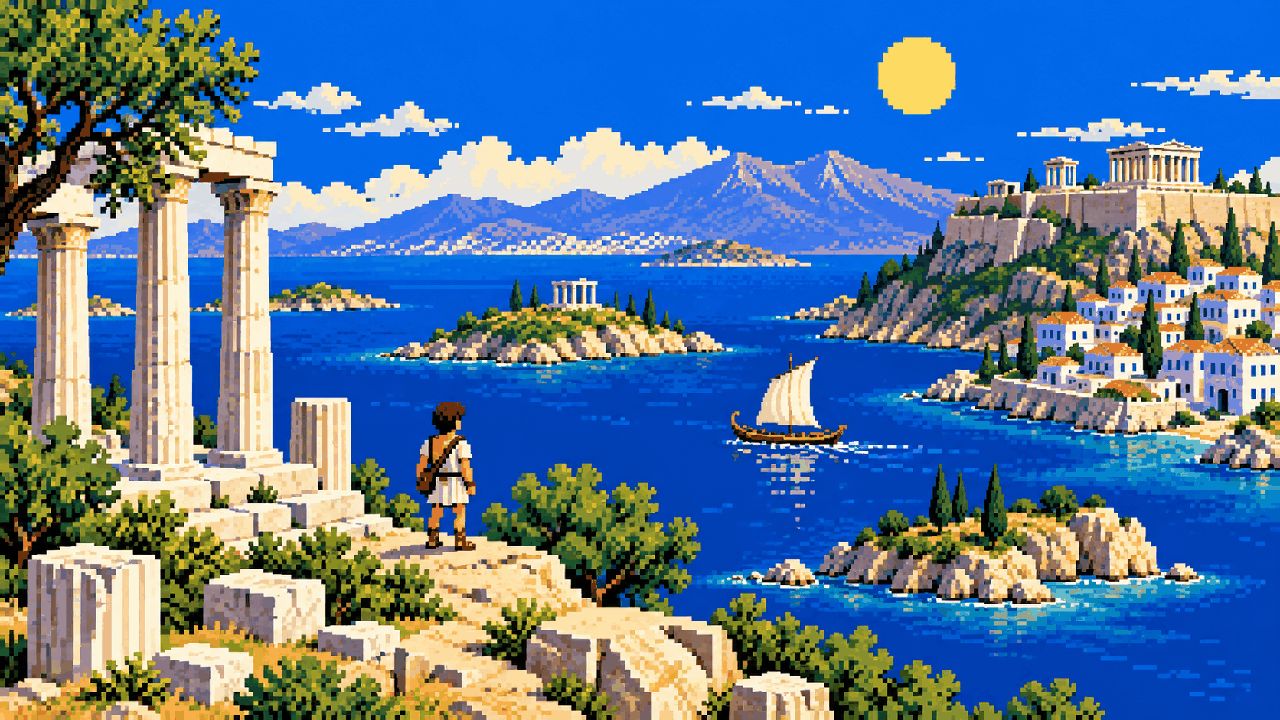 Ilhas gregas e templo antigo inspirados em Assassin's Creed Odyssey em pixel art