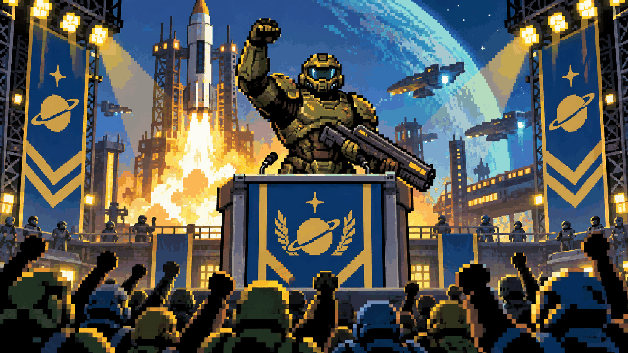 Doom Slayer diante de um palanque com foguete, fogo e luzes de heavy metal em pixel art