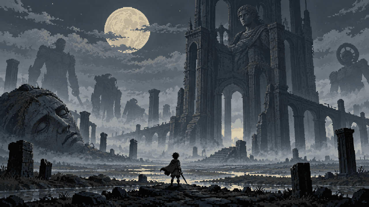Wander sozinho entre ruínas e sombras de colossos
