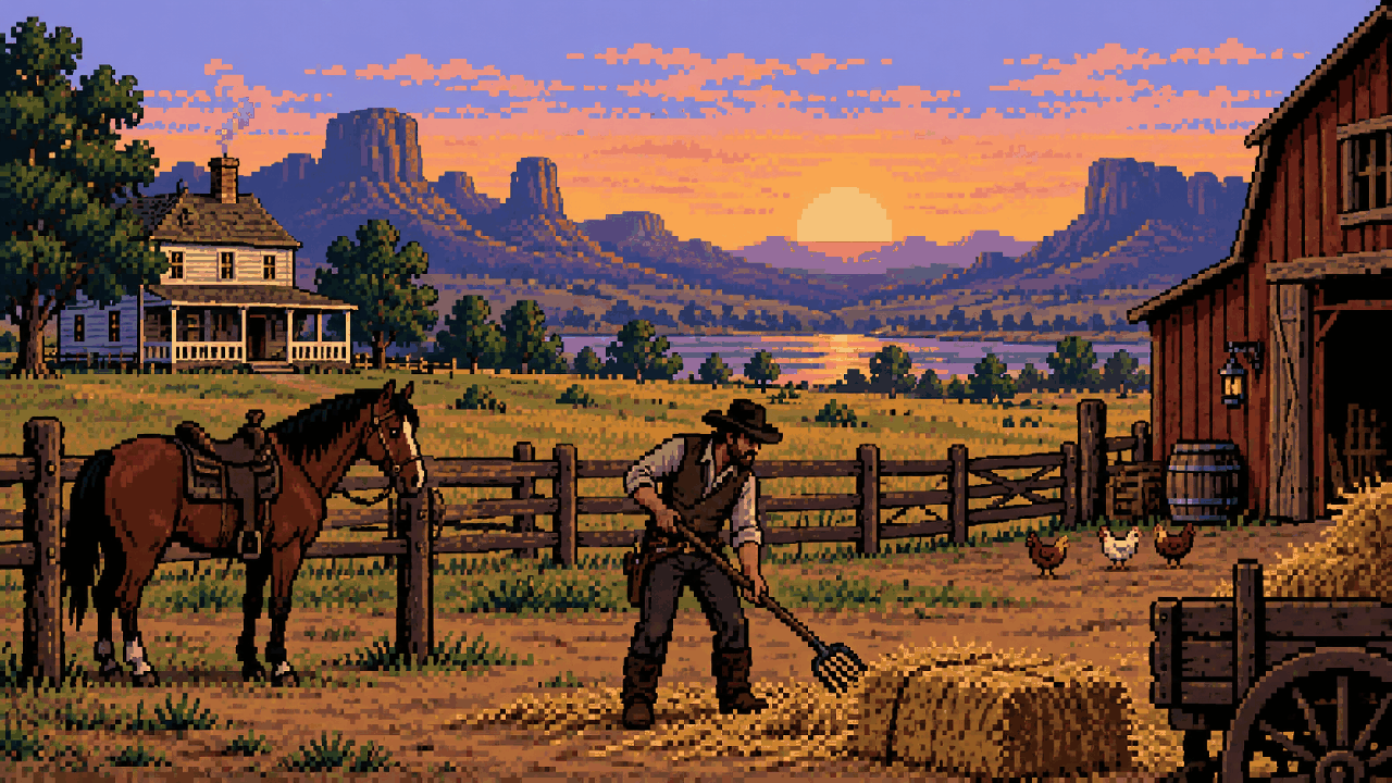 John Marston trabalhando em um rancho ao amanhecer em pixel art
