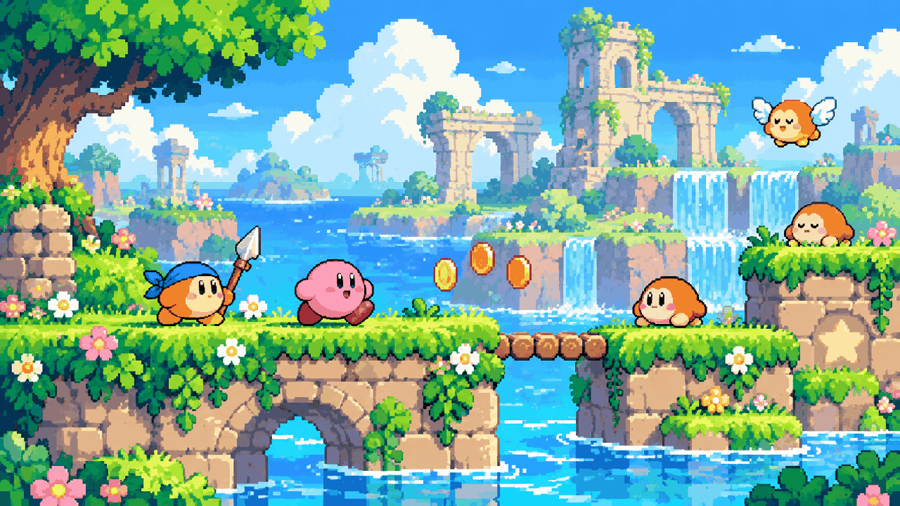 Plataforma leve e colorida inspirada em Kirby and the Forgotten Land em pixel art