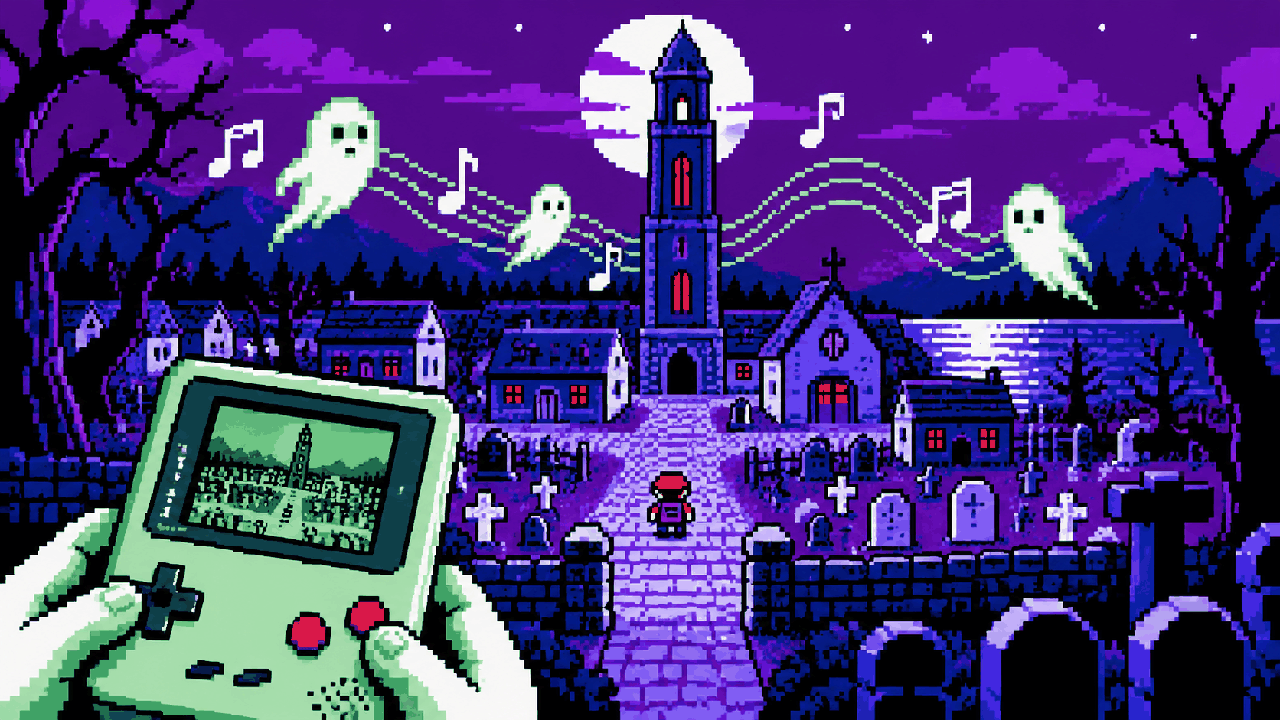Cidade roxa com torre e ondas sonoras em pixel art
